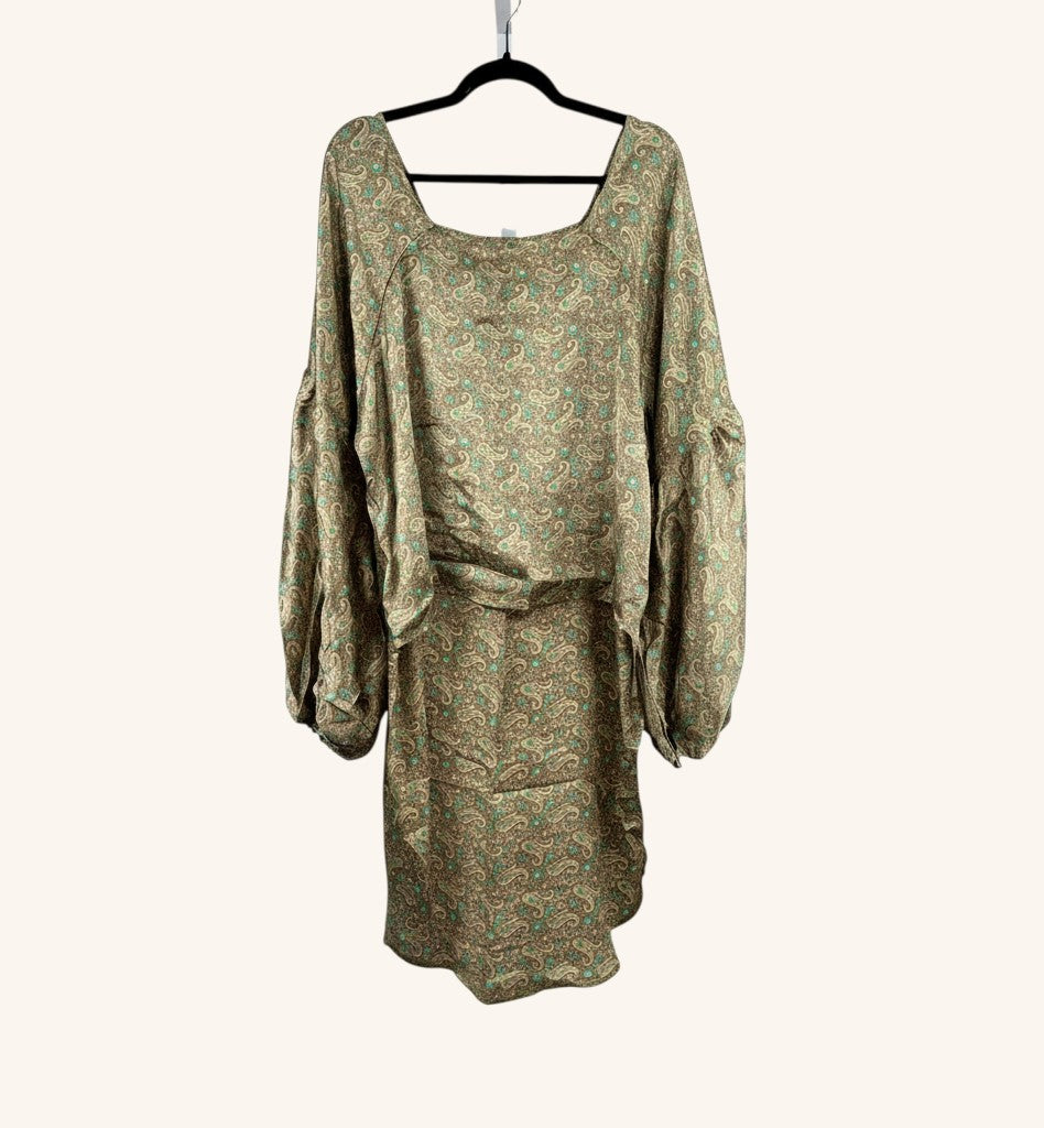 She Lives Beauty Desert Rain silk top in tan and teal paisley print with oversized ruffle sleeves and hi-low hem.