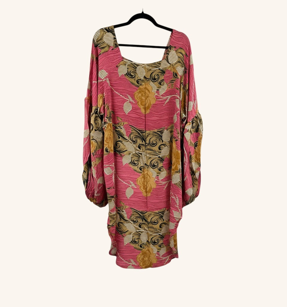 She Lives Beauty Desert Rain silk top in pink and gold with oversized ruffle sleeves and vintage kantha stitching