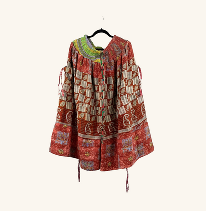 She Lives Beauty Earthbound Glitter Kantha cinch capri pants in vintage red cotton with patterned patchwork design