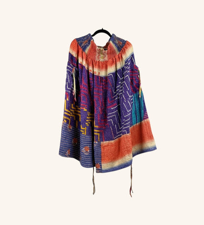 She Lives Beauty Earthbound midi skirt in vintage kantha cotton with vibrant patchwork patterns and adjustable cinches.
