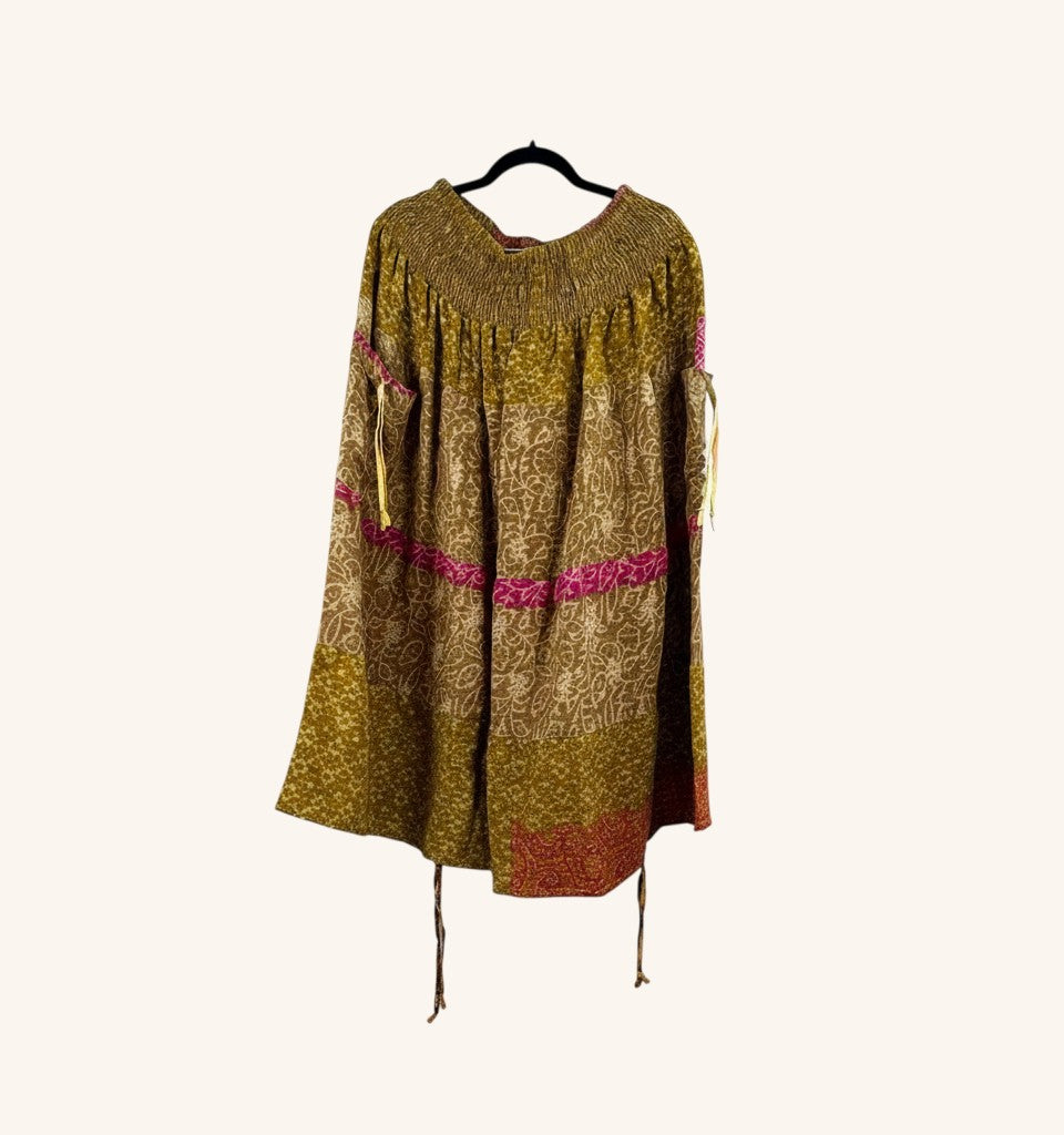She Lives Beauty Earthbound midi skirt in olive and pink vintage kantha cotton with adjustable front leg cinches.