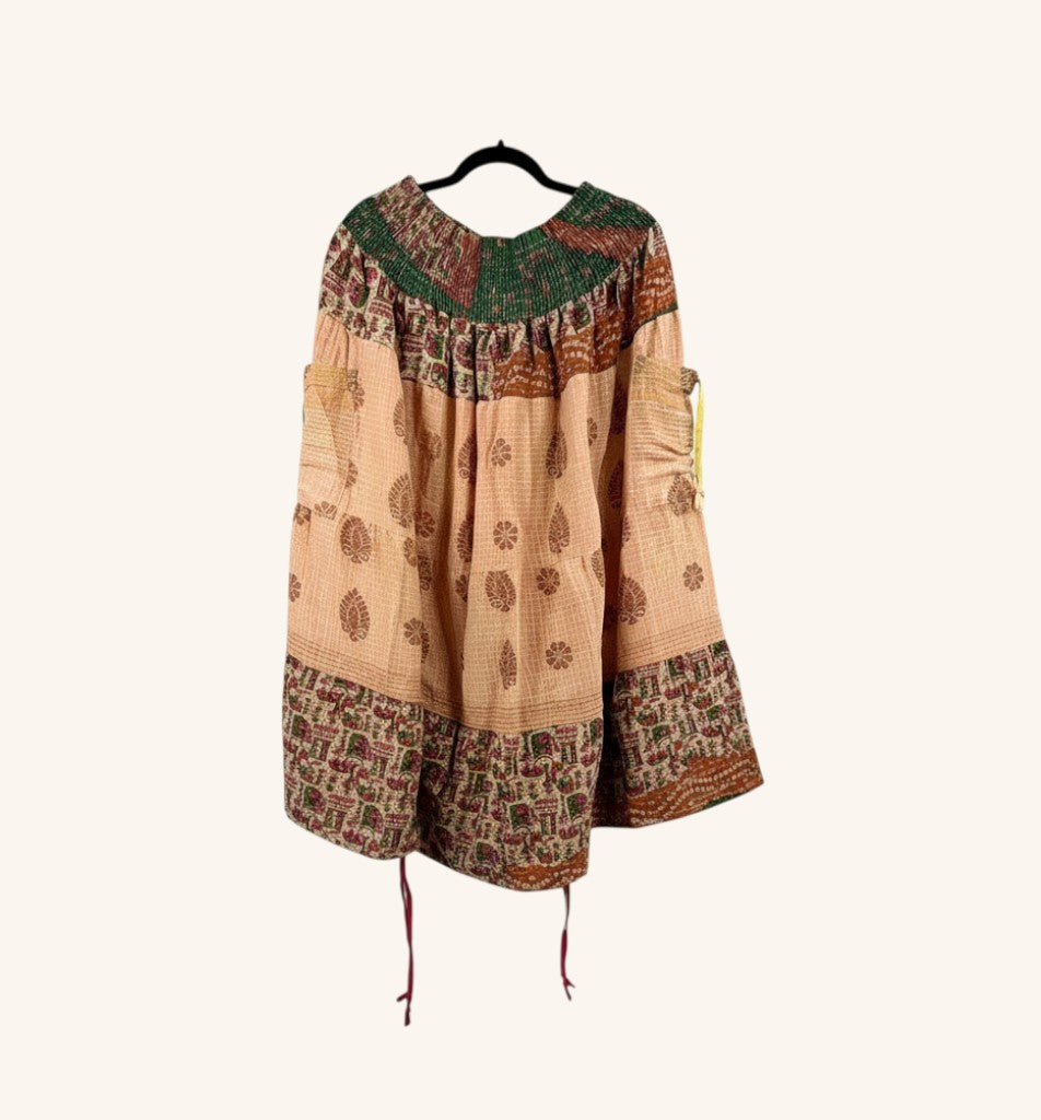 She Lives Beauty Earthbound midi skirt made from vintage kantha cotton with adjustable side cinches and floral print.