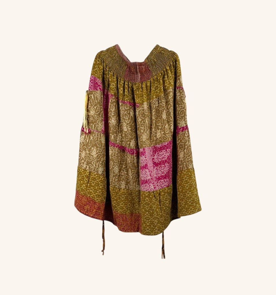 She Lives Beauty Earthbound midi skirt made from vintage kantha cotton in olive green and pink with adjustable cinches.