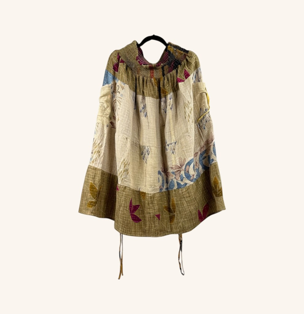 She Lives Beauty Earthbound midi skirt made from vintage kantha cotton with adjustable front leg cinches and floral print