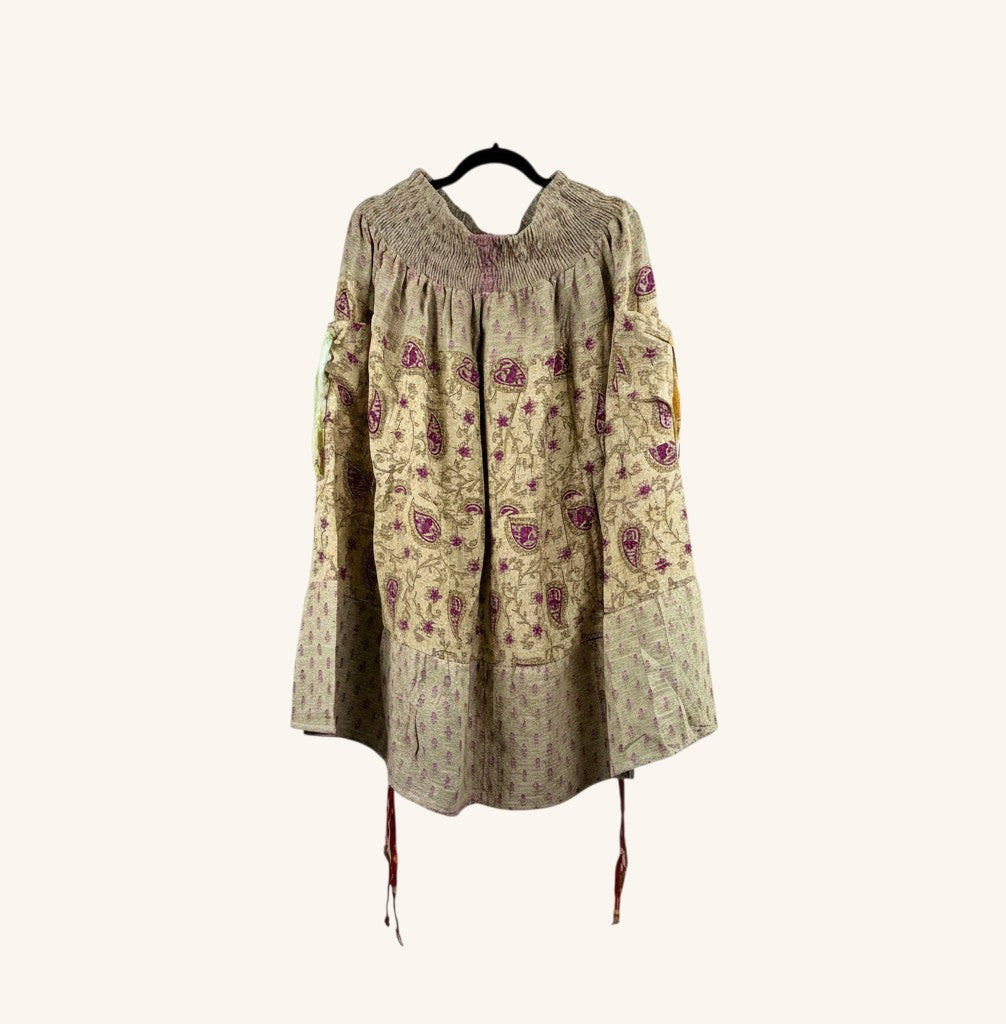 She Lives Beauty Earthbound midi skirt in vintage cotton kantha fabric with adjustable front leg cinches.