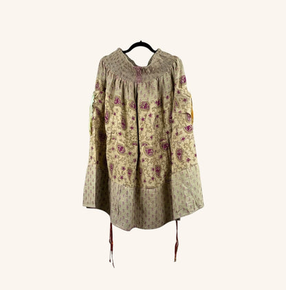She Lives Beauty Earthbound midi skirt in vintage cotton kantha fabric with adjustable front leg cinches.