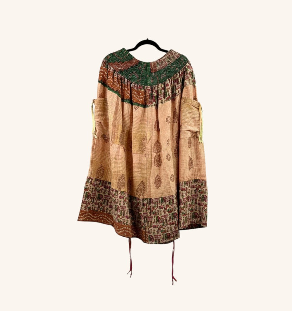 She Lives Beauty Earthbound midi skirt made from vintage kantha cotton with adjustable front leg cinches and boho print