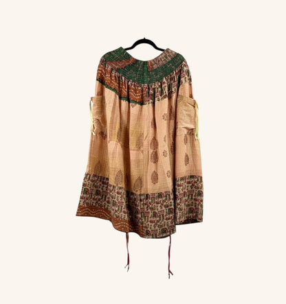 She Lives Beauty Earthbound midi skirt made from vintage kantha cotton with adjustable front leg cinches and boho print