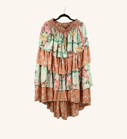 She Lives Beauty Ruffle Muse hi-lo skirt in vintage floral Rasgulla silk with cascading tiered ruffles.
