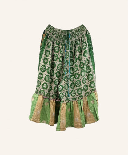 She Lives Beauty Anything for Selenas bloomers in green vintage kantha cotton with a ruffled hem and elastic waist.