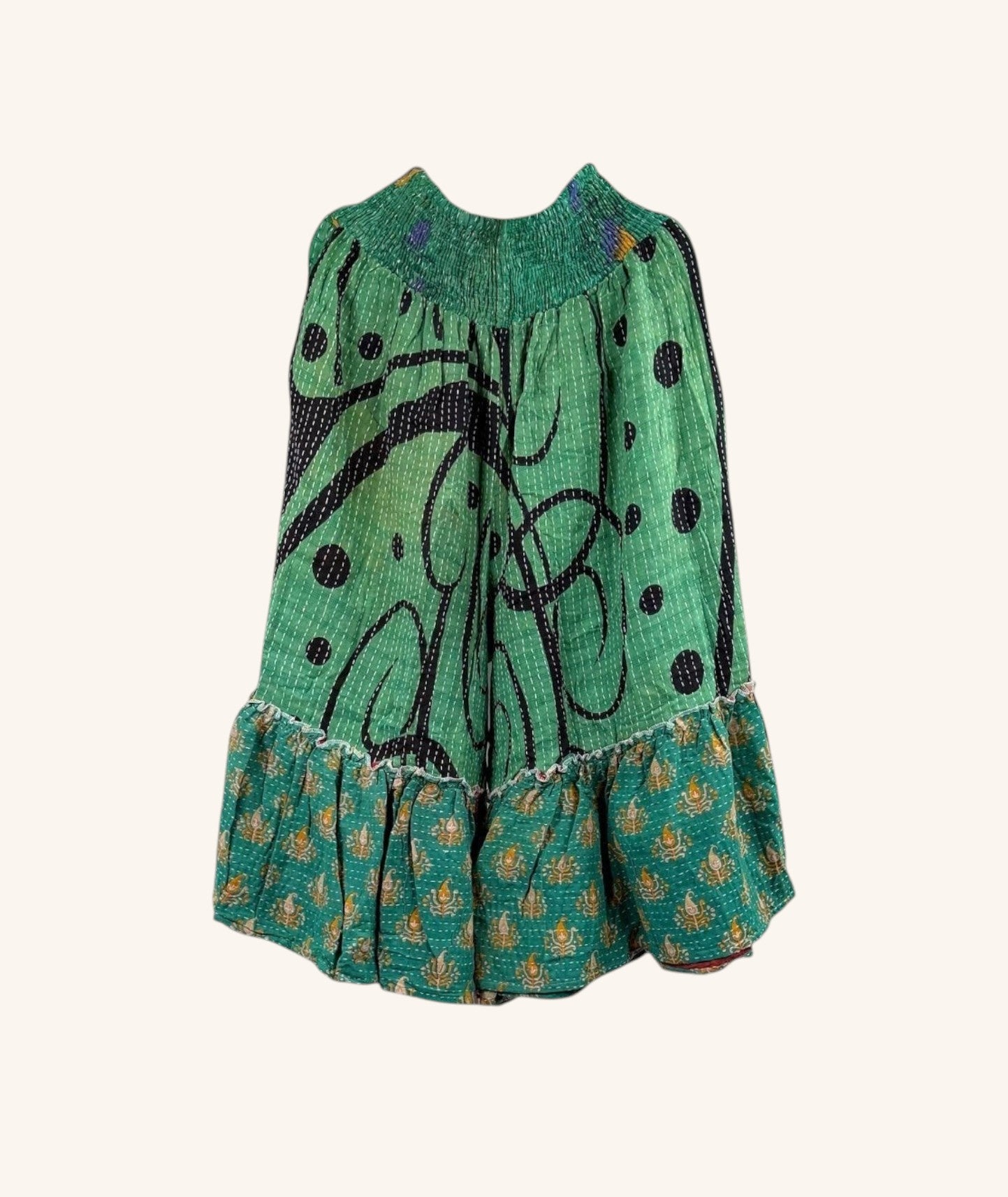 She Lives Beauty Anything for Selenas Bloomers in green vintage kantha cotton with black patterns and ruffle hem
