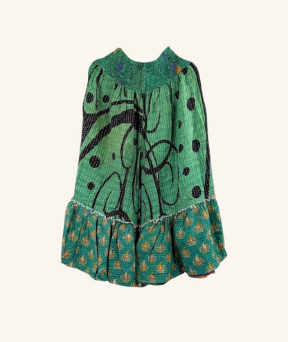 She Lives Beauty Anything for Selenas Bloomers in green vintage kantha cotton with black patterns and ruffle hem