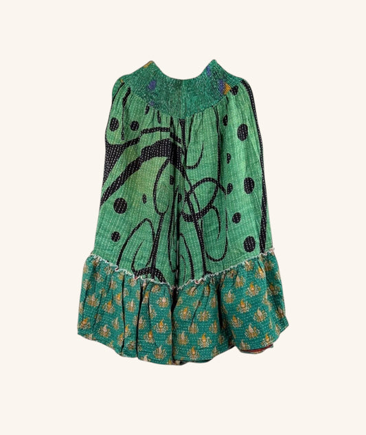She Lives Beauty Anything for Selenas Bloomers in green vintage kantha cotton with black patterns and ruffle hem