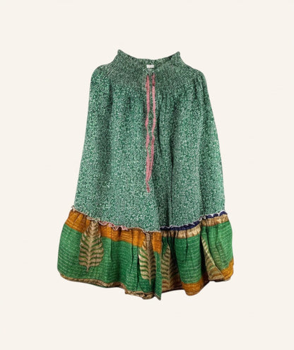 She Lives Beauty Anything for Selenas Bloomers in green vintage kantha cotton with a ruffled hem and elastic waist.