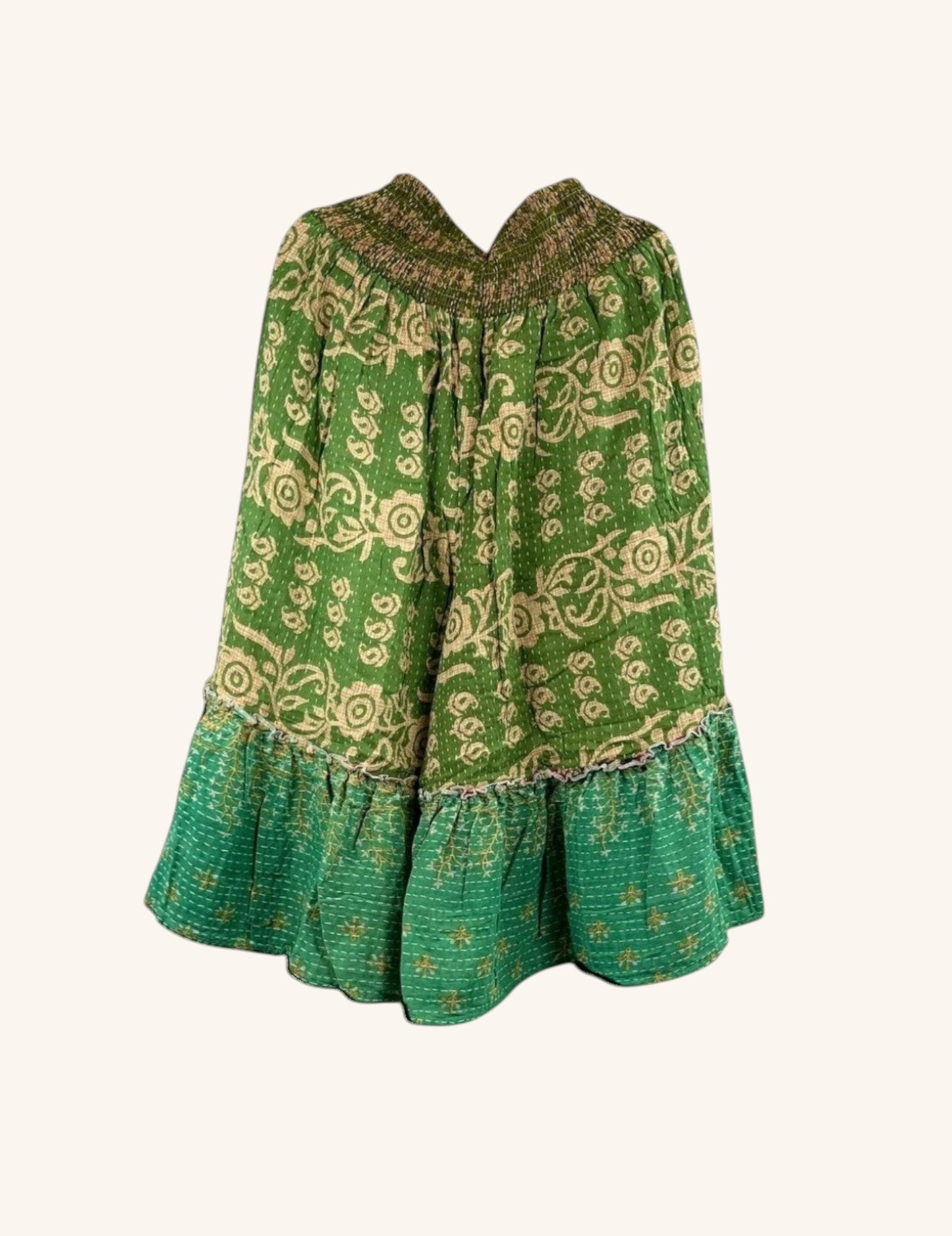 She Lives Beauty Anything for Selenas Bloomers in green vintage kantha cotton with a ruffled hem and elastic waist.