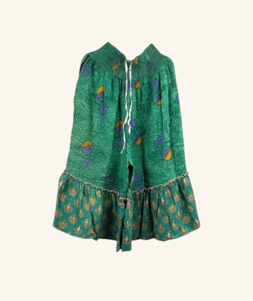 She Lives Beauty Anything for Selenas Bloomers in green vintage kantha cotton with a ruffled hem and elastic waist.