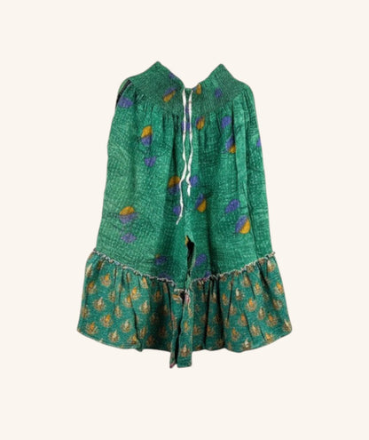 She Lives Beauty Anything for Selenas Bloomers in green vintage kantha cotton with a ruffled hem and elastic waist.