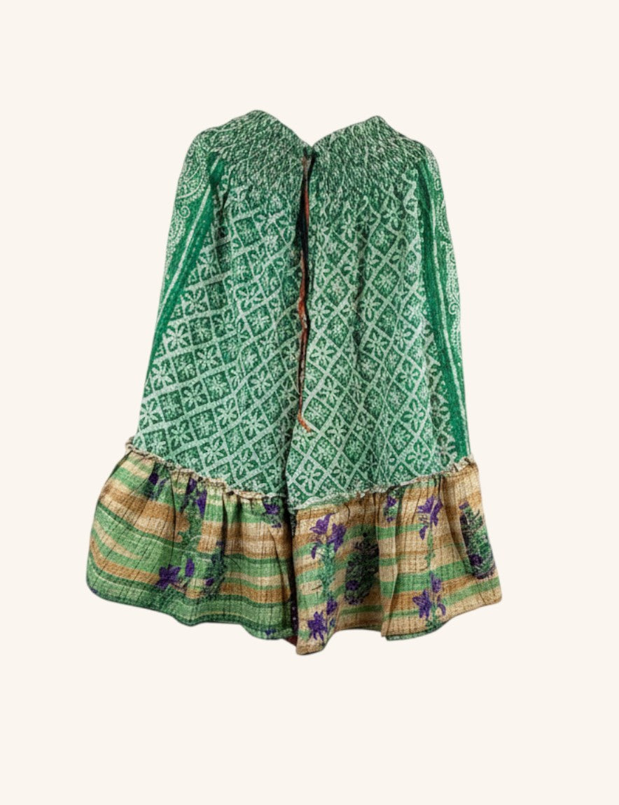 She Lives Beauty Anything for Selenas Bloomers in green vintage kantha cotton with a ruffled hem and elastic waist.
