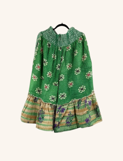 She Lives Beauty Anything for Selenas Bloomers in green vintage Kantha cotton with a ruffled hem and elastic waist.