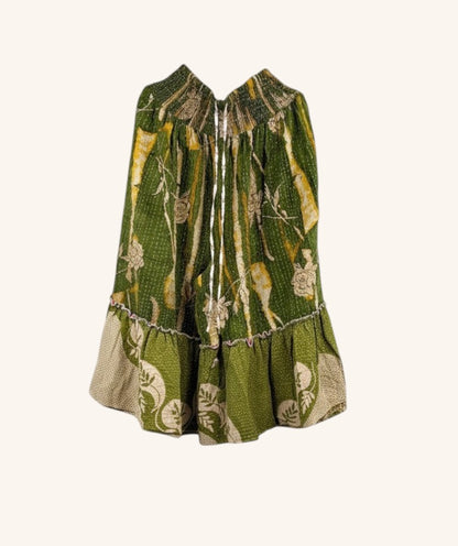 She Lives Beauty Anything for Selenas Bloomers in green vintage kantha cotton with an oversized ruffle hem.