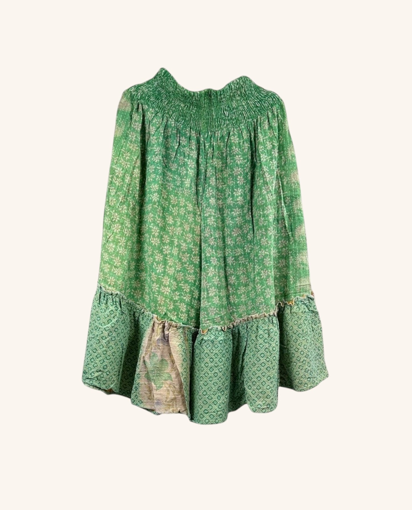 She Lives Beauty Anything for Selenas green vintage kantha cotton bloomers with an oversized ruffle hem