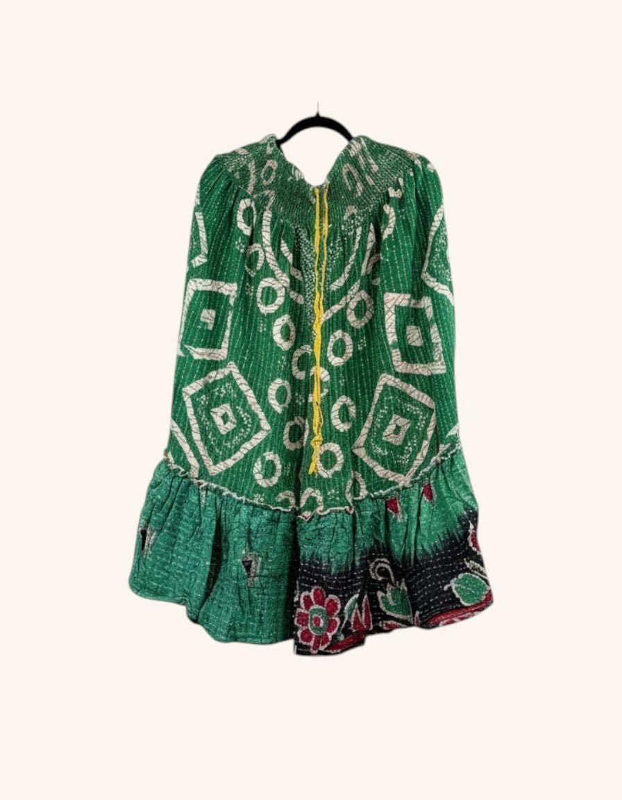 She Lives Beauty Anything for Selenas bloomers in green vintage kantha cotton with a ruffled hem and geometric print