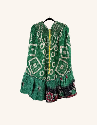She Lives Beauty Anything for Selenas bloomers in green vintage kantha cotton with a ruffled hem and geometric print