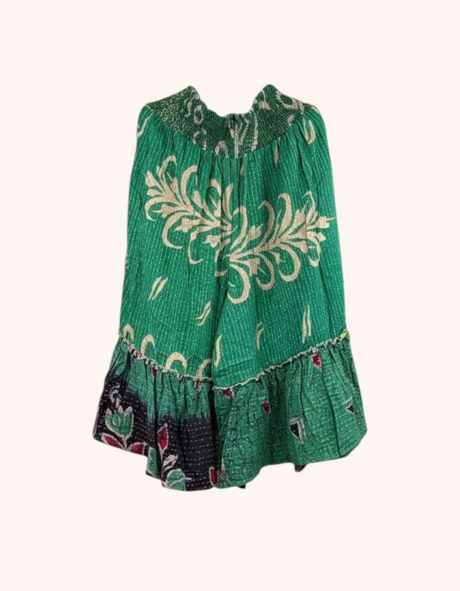 She Lives Beauty Anything for Selenas Bloomers in green vintage kantha cotton with a ruffled hem and floral print.