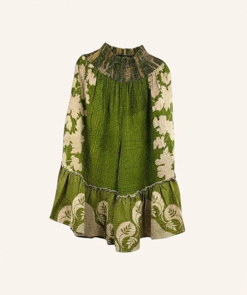 She Lives Beauty Anything for Selenas Bloomers in green vintage kantha cotton with a ruffled hem and elastic waist.