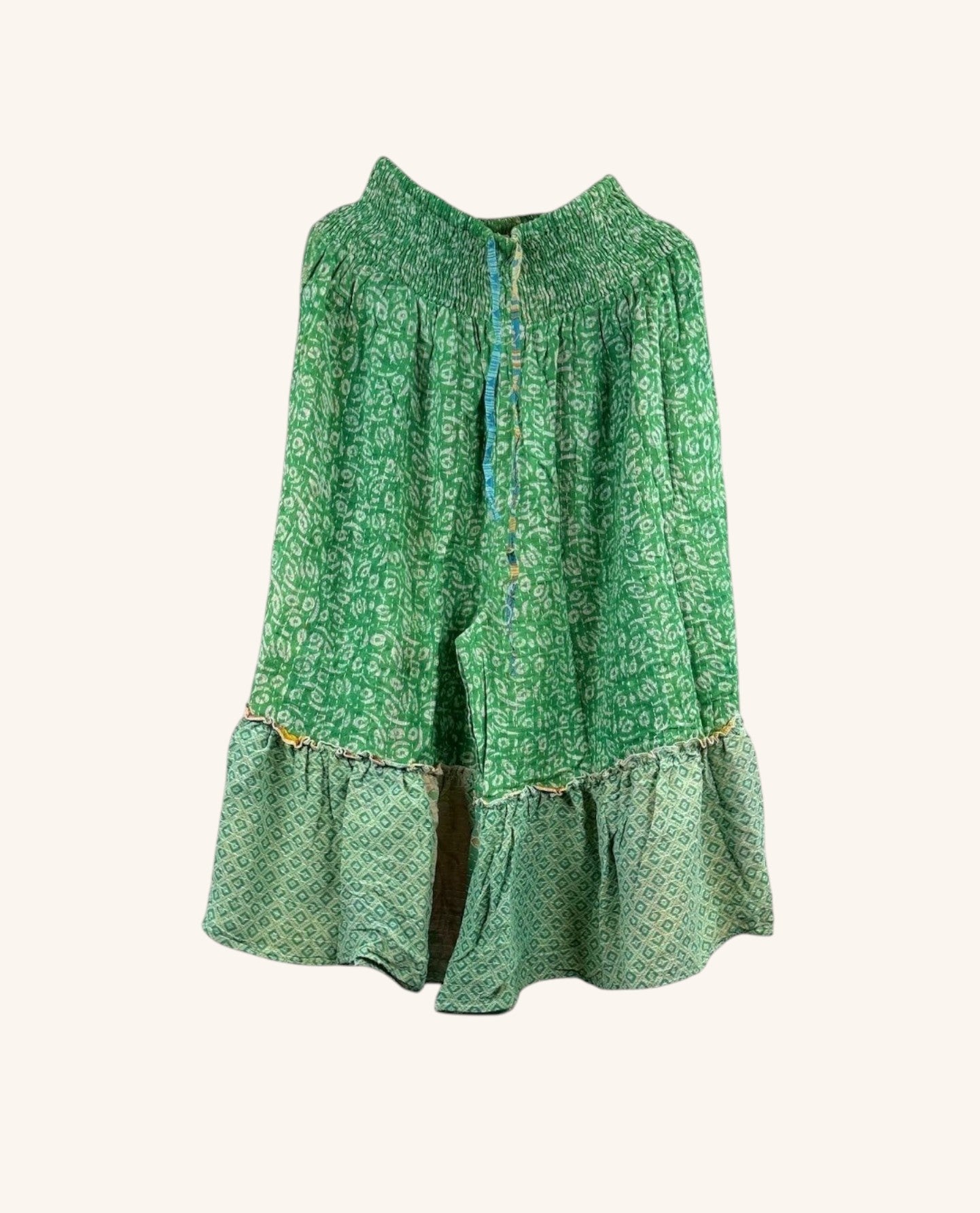 She Lives Beauty Anything for Selenas Bloomers in green vintage kantha cotton with a ruffled hem and elastic waist