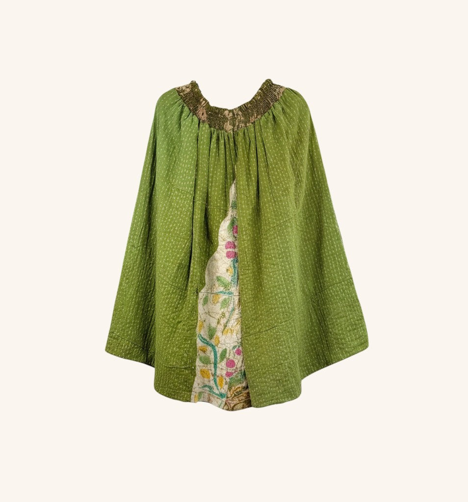 She Lives Beauty Pachuco Kantha capri pants in green vintage cotton with floral panel and pleated waist