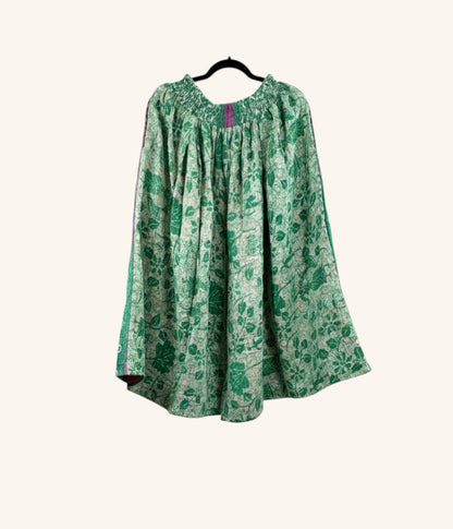 She Lives Beauty Pachuco Kantha capri pants in green floral vintage cotton with a relaxed pleated silhouette.