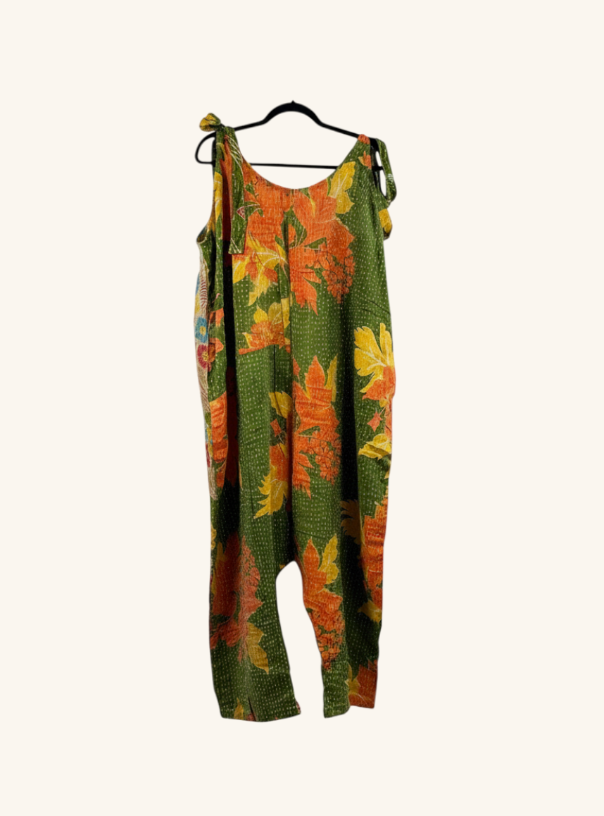 She Lives Beauty Becoming Wild harem jumpsuit in green vintage kantha cotton with orange and yellow floral print