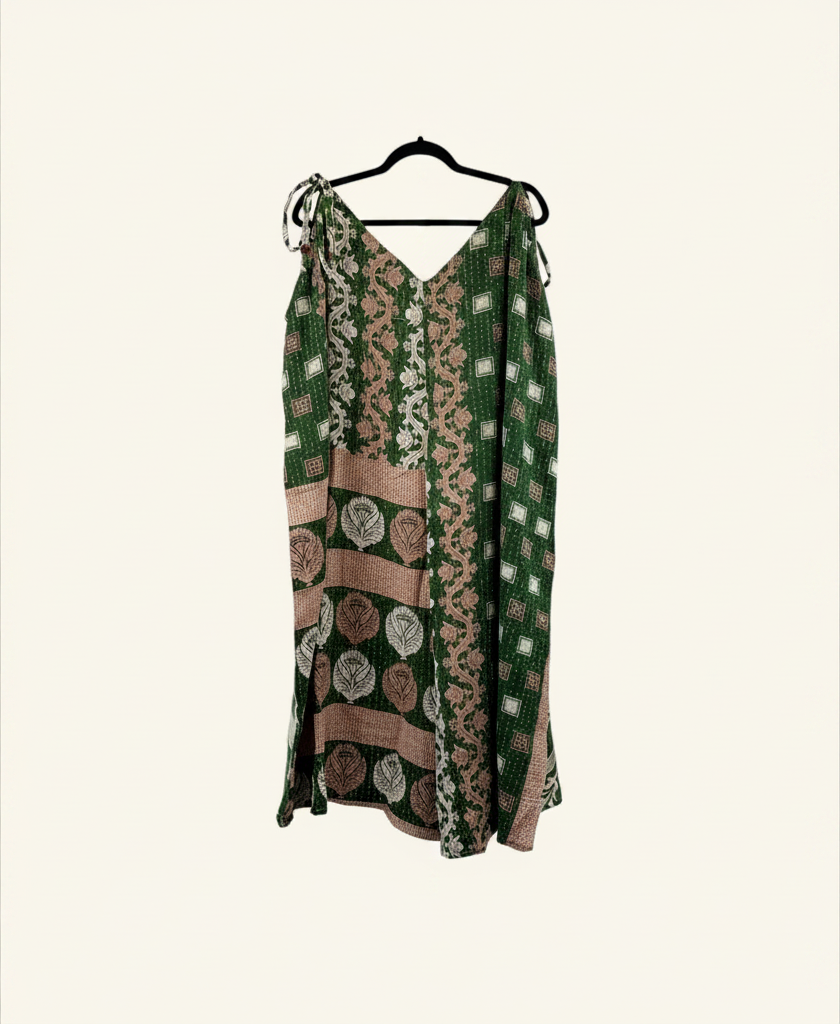 She Lives Beauty Sacred Journey Kantha Jumpsuit in green vintage cotton with intricate patchwork and floral patterns.