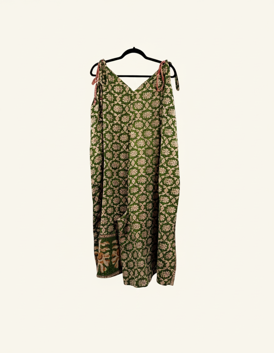 She Lives Beauty Sacred Journey Kantha jumpsuit in green vintage cotton with floral patterns and adjustable straps.