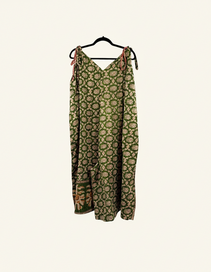 She Lives Beauty Sacred Journey Kantha jumpsuit in green vintage cotton with floral patterns and adjustable straps.