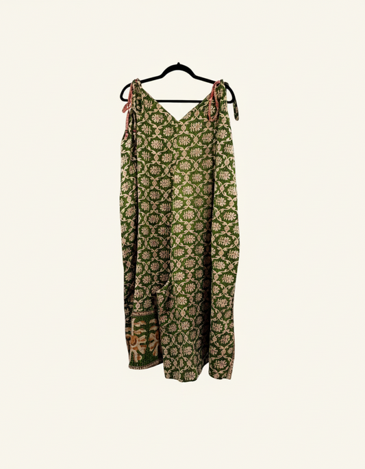 She Lives Beauty Sacred Journey Kantha jumpsuit in green vintage cotton with floral patterns and adjustable straps.