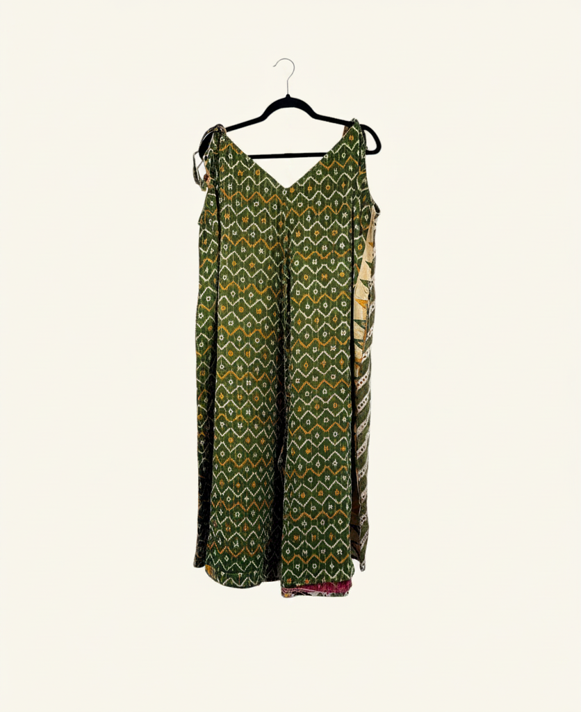 She Lives Beauty Sacred Journey Kantha jumpsuit in green vintage cotton with geometric patterns and side pockets.