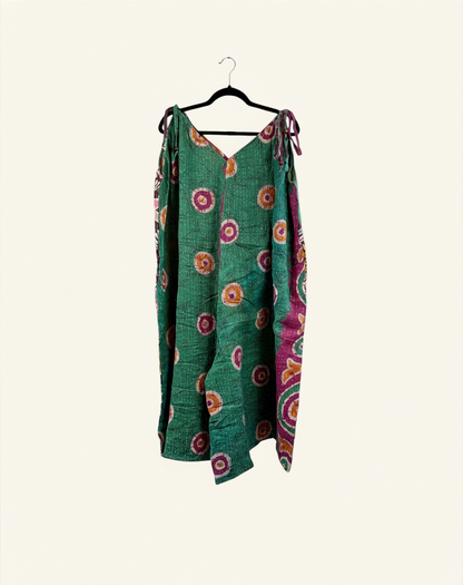 She Lives Beauty Sacred Journey Kantha jumpsuit in green vintage cotton with circular patterns and adjustable straps.
