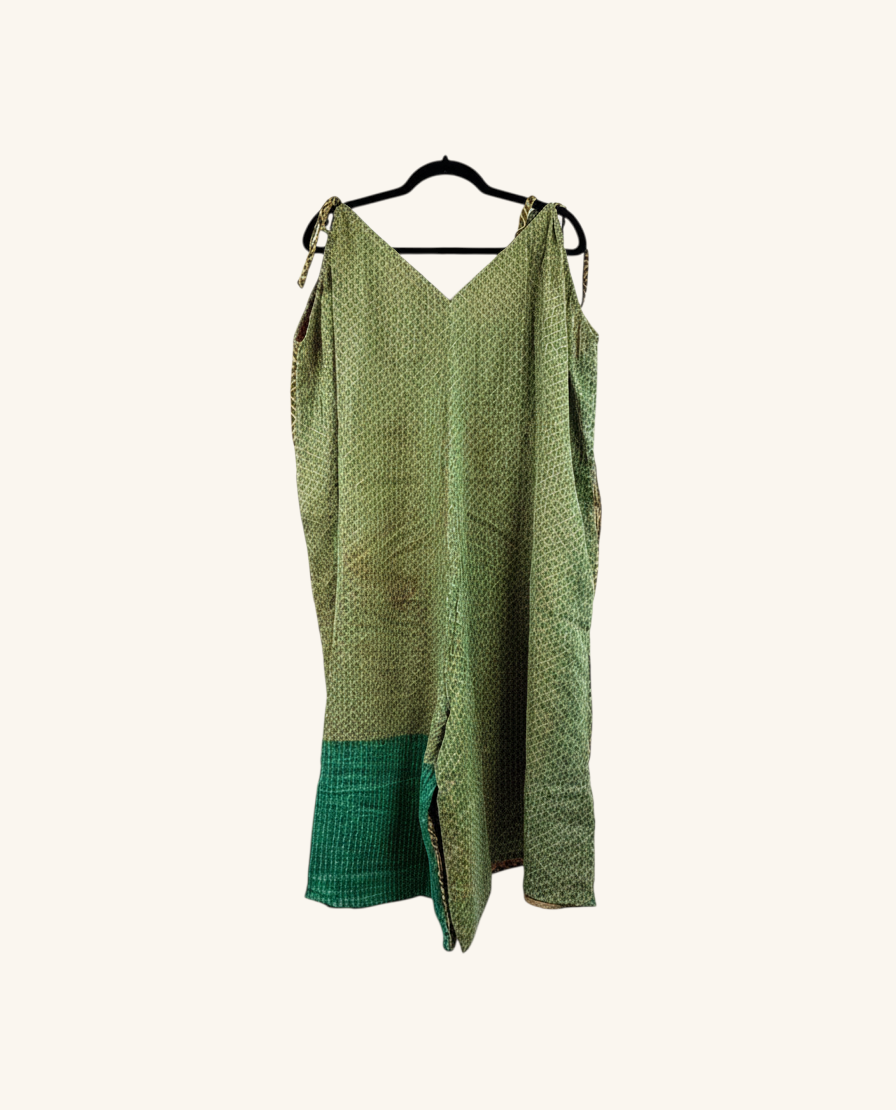 She Lives Beauty Sacred Journey Kantha jumpsuit in green vintage cotton with adjustable straps and side pockets.