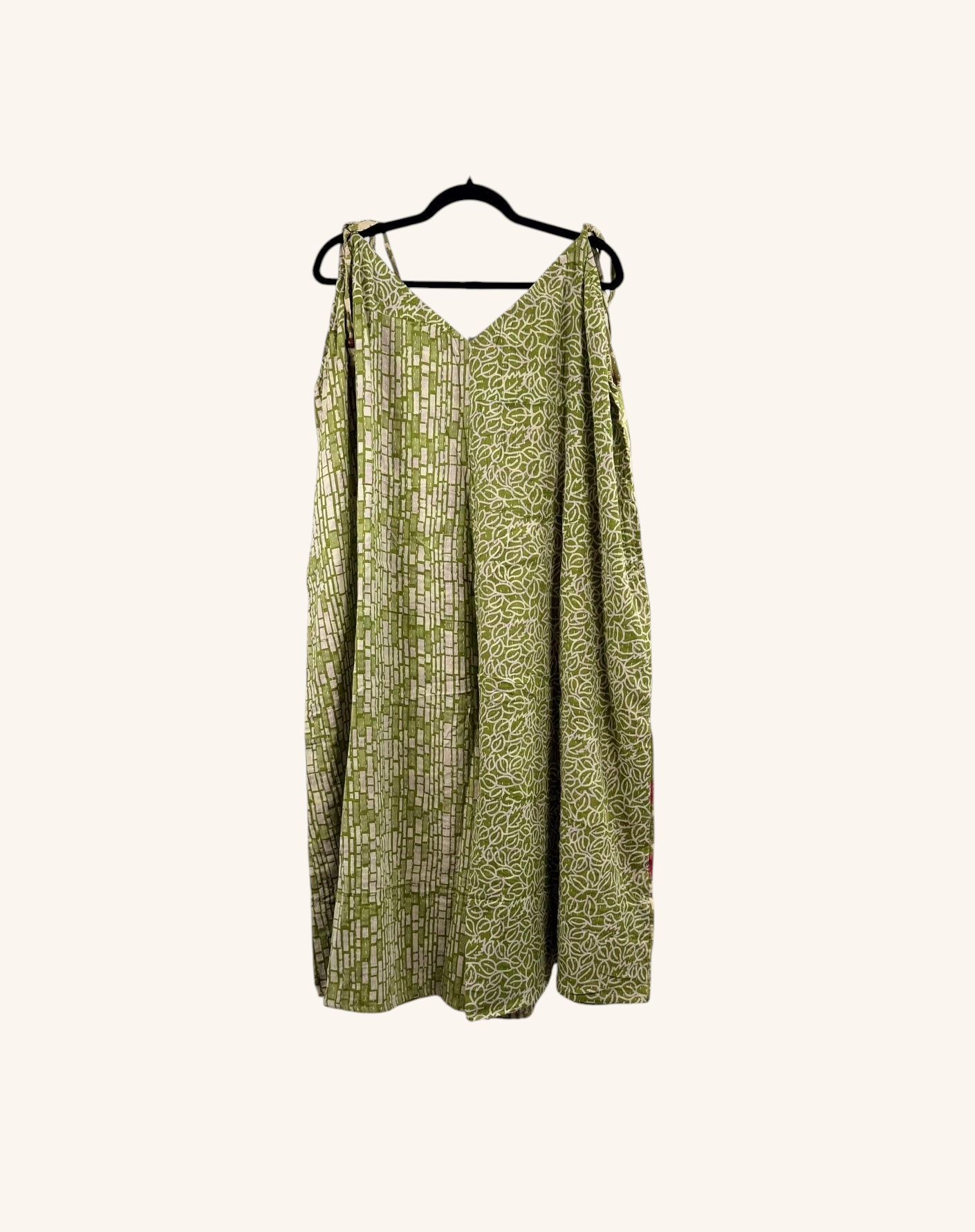 She Lives Beauty Sacred Journey Kantha Jumpsuit in green vintage cotton with adjustable straps and side pockets