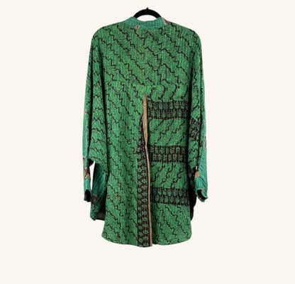 She Lives Beauty Earthen Path Kantha top in green vintage cotton with intricate hand-stitched embroidery patterns.