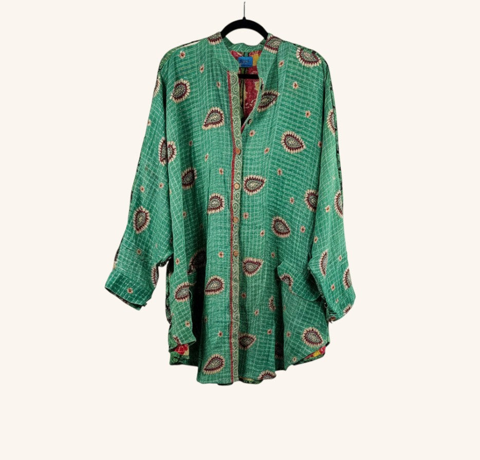 She Lives Beauty Earthen Path Kantha top in green vintage cotton with paisley embroidery and button-up front.