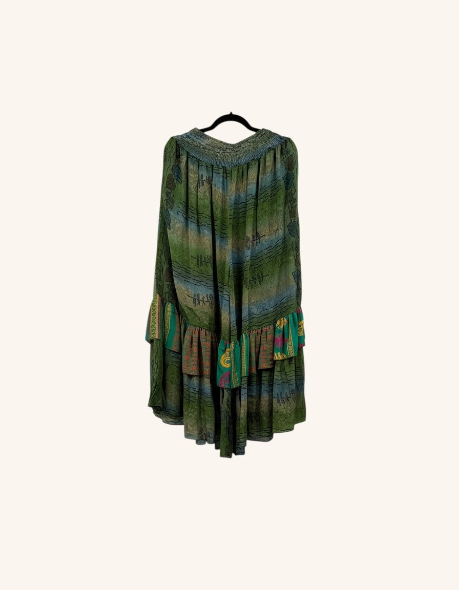 She Lives Beauty Gypsy Moon silk ruffle pants in green with vintage rasgulla silk fabric and double ruffle hem detail.