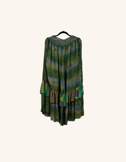 She Lives Beauty Gypsy Moon silk ruffle pants in green with vintage rasgulla silk fabric and double ruffle hem detail.