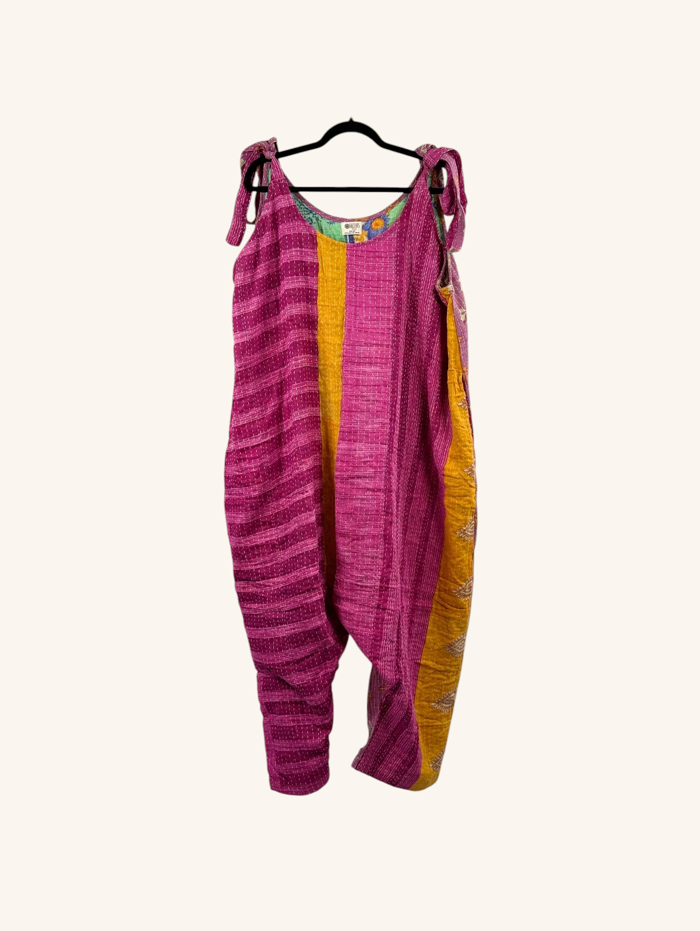 She Lives Beauty Becoming Wild harem jumpsuit in pink and yellow vintage kantha cotton with tie straps