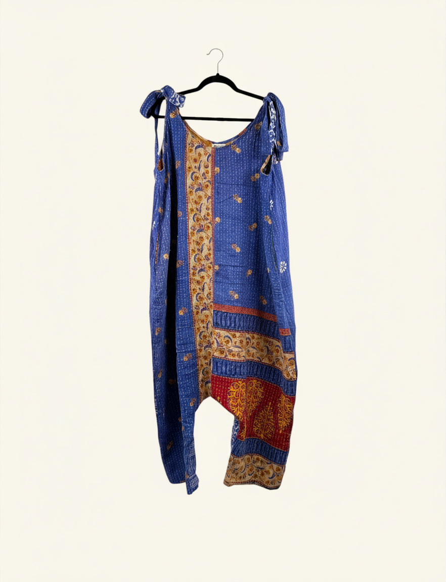 She Lives Beauty Becoming Wild Harem Kantha Jumpsuit in blue vintage cotton with intricate floral patchwork patterns