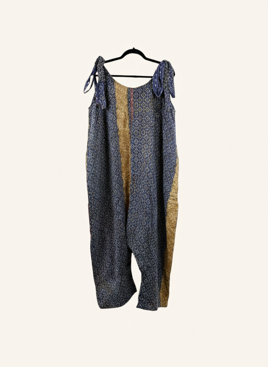 She Lives Beauty Becoming Wild Harem Kantha Jumpsuit in blue and gold vintage cotton with tie straps