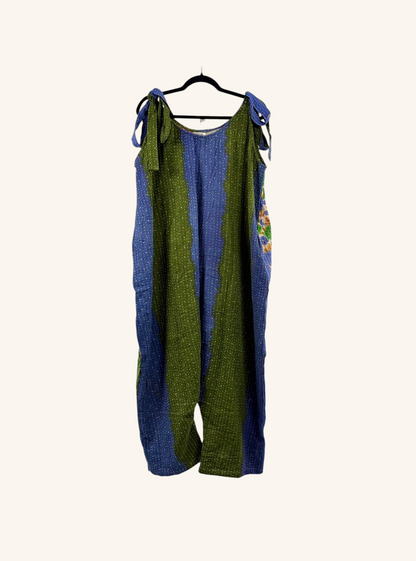 She Lives Beauty Becoming Wild Harem Kantha Jumpsuit in blue and green vintage cotton with tie straps