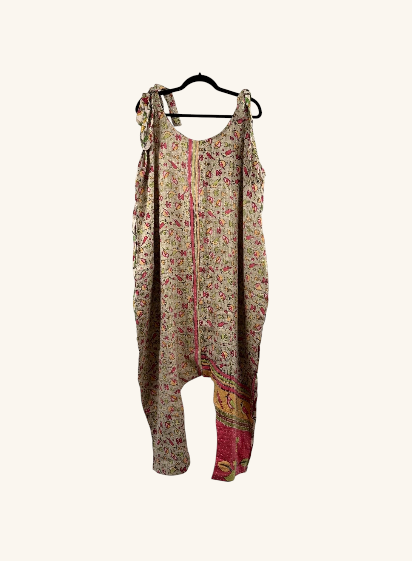 She Lives Beauty Becoming Wild harem jumpsuit in vintage kantha cotton with a floral pattern and relaxed fit.